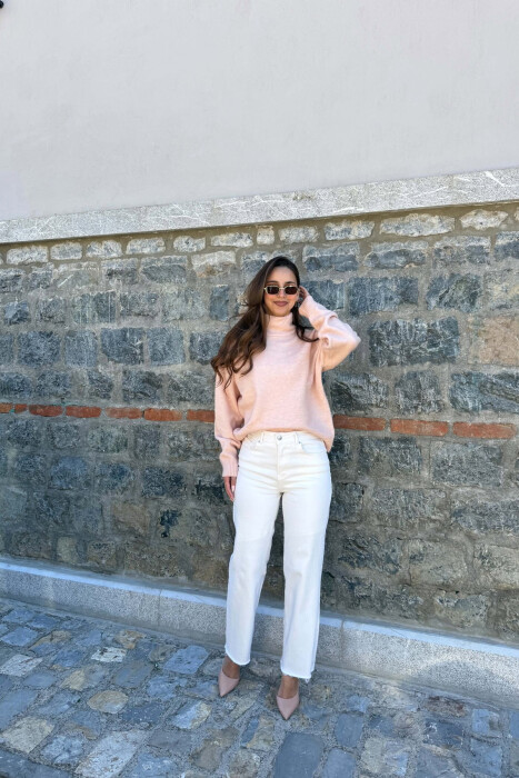 ONE COLOR KNITTED HIGH NECK WOMAN SWEATER POWDER/PUDER - 4