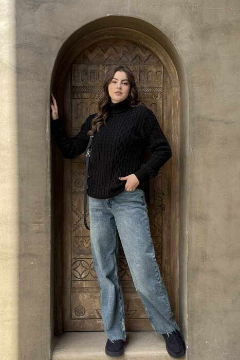 ONE COLOR KNITTED HIGH NECK WOMEN SWEATER BLACK/ E ZEZE - 1