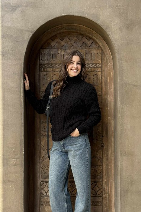 ONE COLOR KNITTED HIGH NECK WOMEN SWEATER BLACK/ E ZEZE - 3