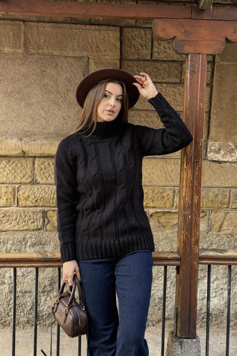 ONE COLOR KNITTED HIGH NECK WOMEN SWEATER BLACK/ E ZEZE - 1