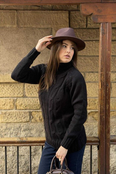 ONE COLOR KNITTED HIGH NECK WOMEN SWEATER BLACK/ E ZEZE - 3