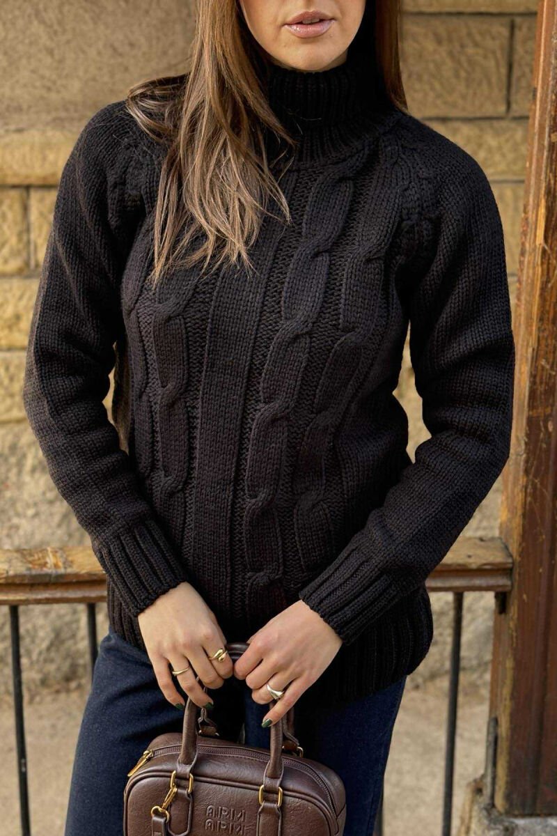 ONE COLOR KNITTED HIGH NECK WOMEN SWEATER BLACK/ E ZEZE - 4