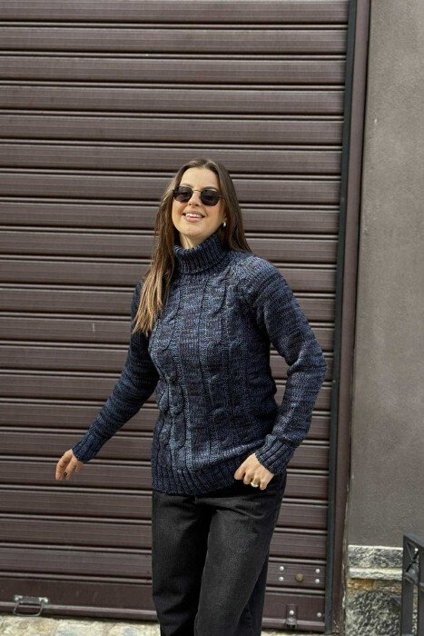 ONE COLOR KNITTED HIGH NECK WOMEN SWEATER BLUE/BLU - KLAUDIO FASHION