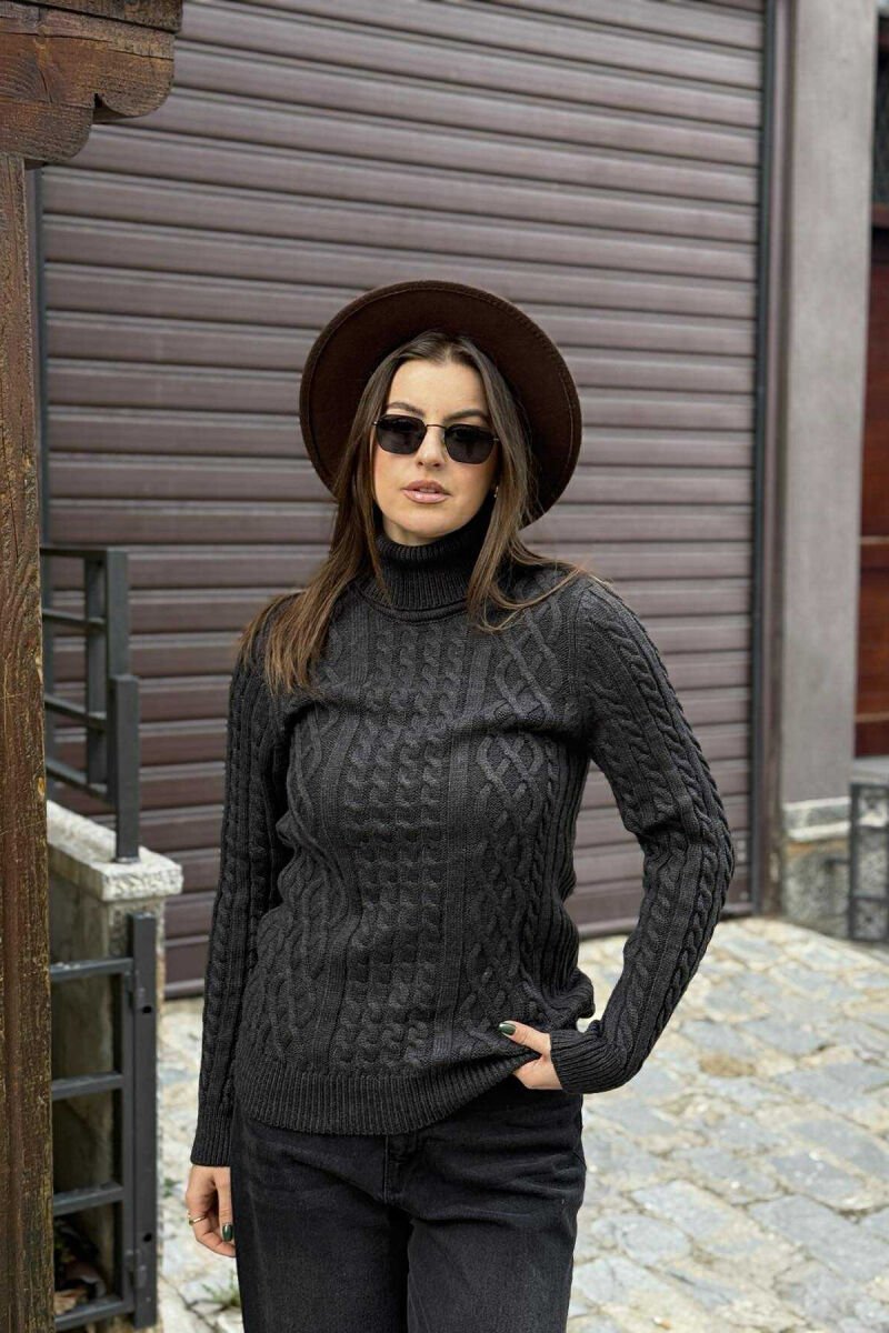 ONE COLOR KNITTED HIGH NECK WOMEN SWEATER DARK GREY/GEE - 3