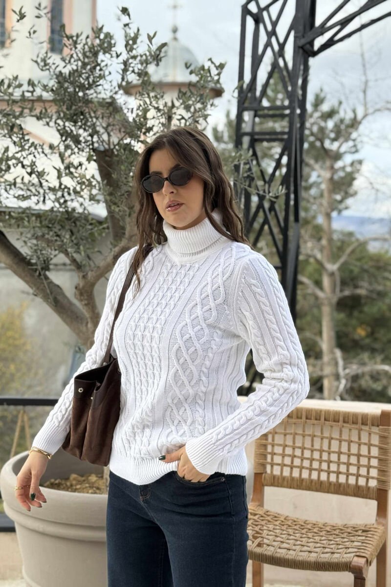 ONE COLOR KNITTED HIGH NECK WOMEN SWEATER WHITE-E BARDHE - 2