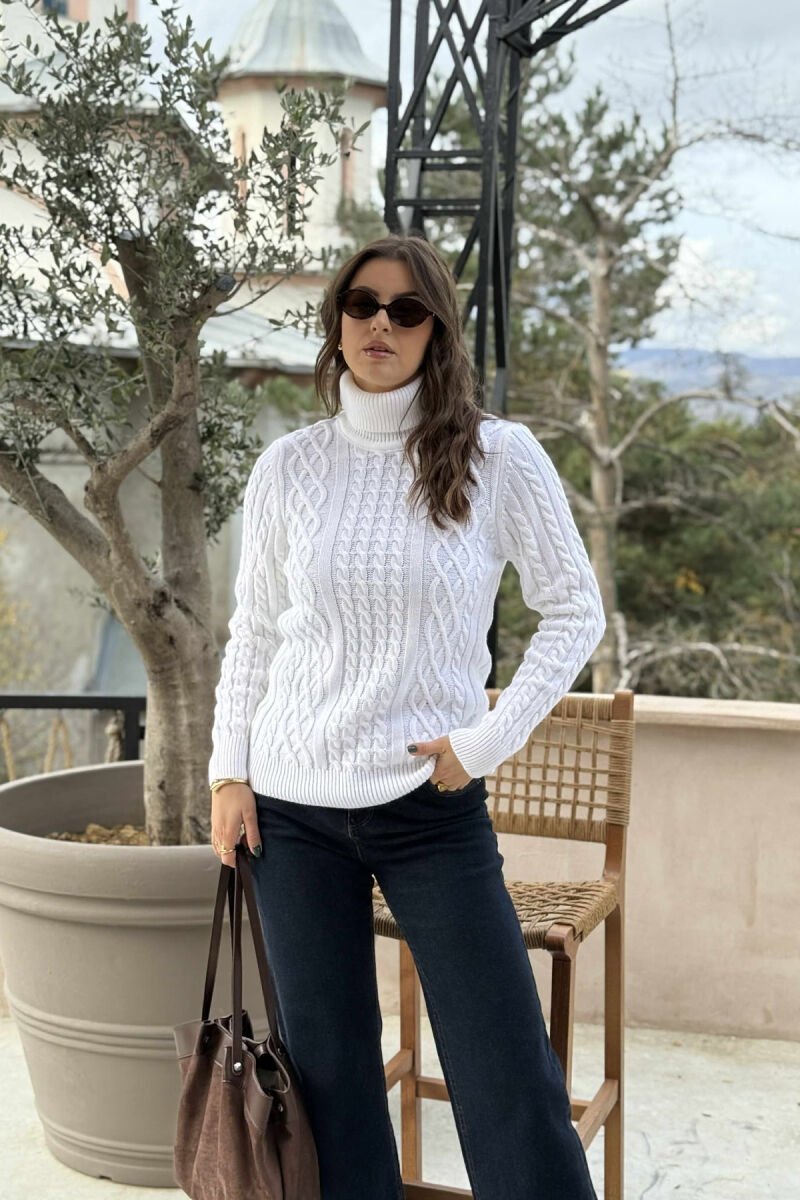 ONE COLOR KNITTED HIGH NECK WOMEN SWEATER WHITE-E BARDHE - 4