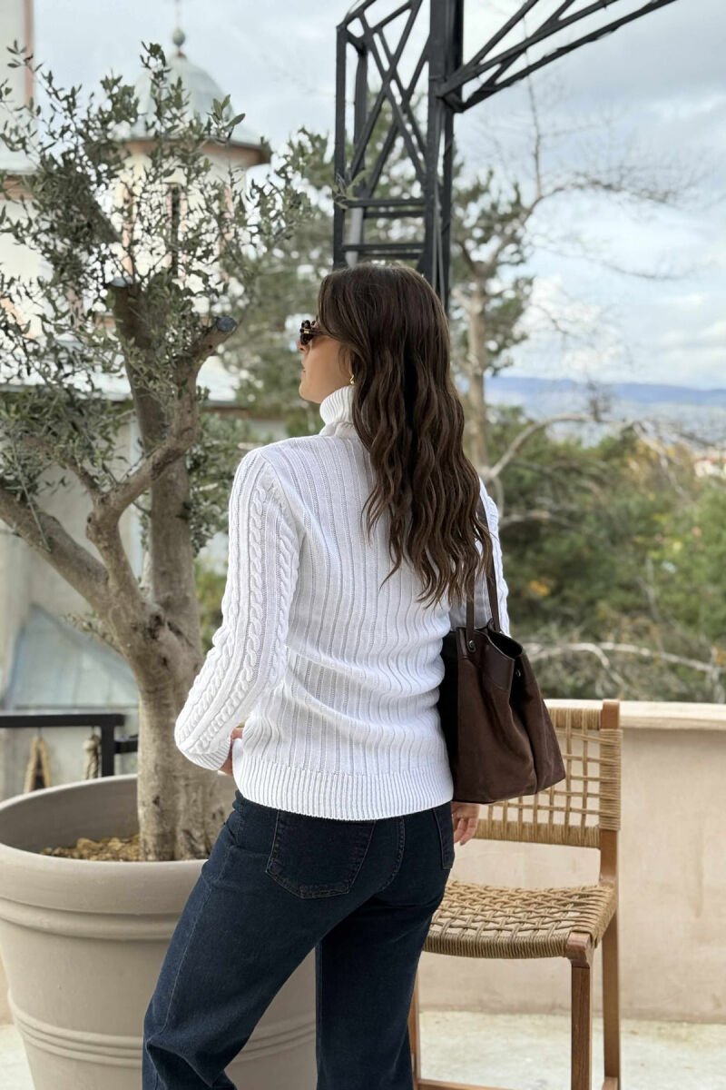 ONE COLOR KNITTED HIGH NECK WOMEN SWEATER WHITE-E BARDHE - 5
