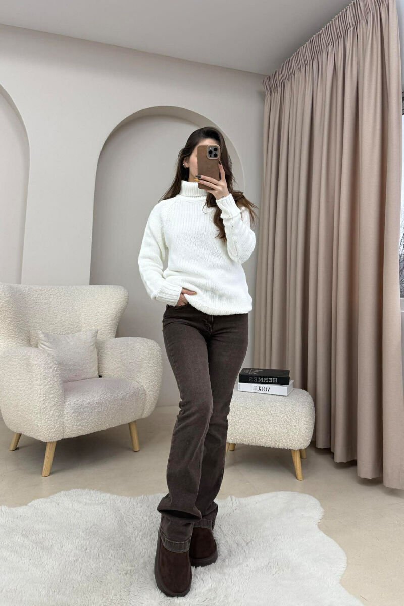 ONE COLOR KNITTED HIGH NECK WOMEN SWEATER WHITE-E BARDHE - 1