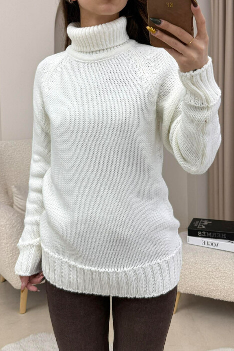 ONE COLOR KNITTED HIGH NECK WOMEN SWEATER WHITE-E BARDHE - 2