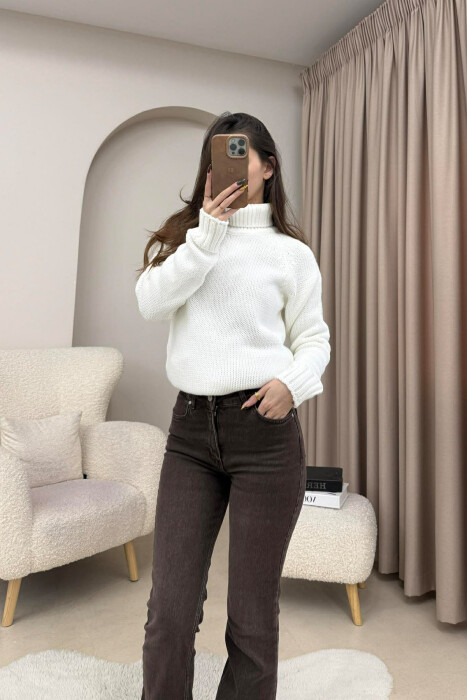 ONE COLOR KNITTED HIGH NECK WOMEN SWEATER WHITE-E BARDHE - 3