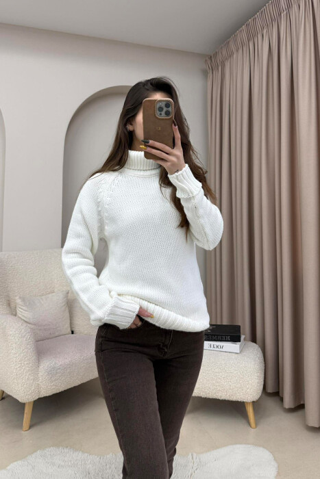 ONE COLOR KNITTED HIGH NECK WOMEN SWEATER WHITE-E BARDHE - 4