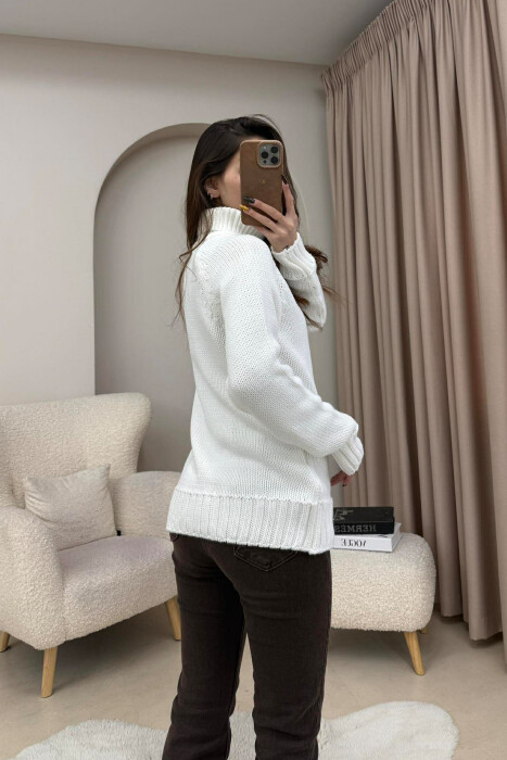 ONE COLOR KNITTED HIGH NECK WOMEN SWEATER WHITE-E BARDHE - 5