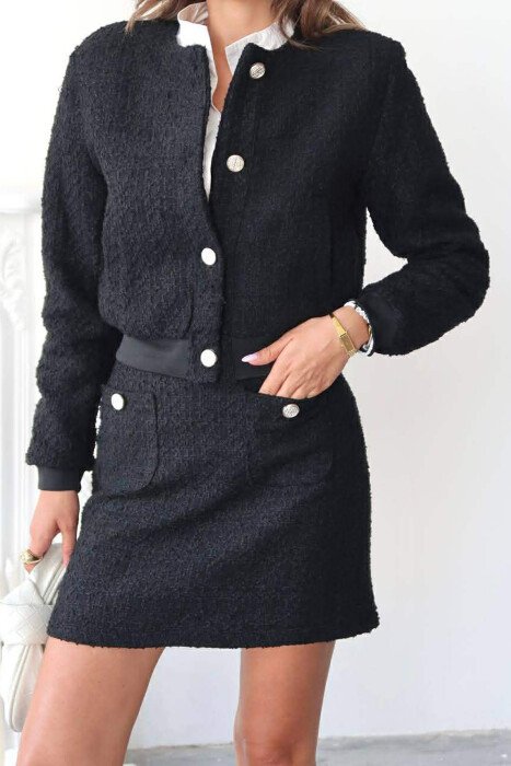 ONE COLOR KNITTED JACKET+SKIRT WOMEN SET BLACK/ E ZEZE - 4