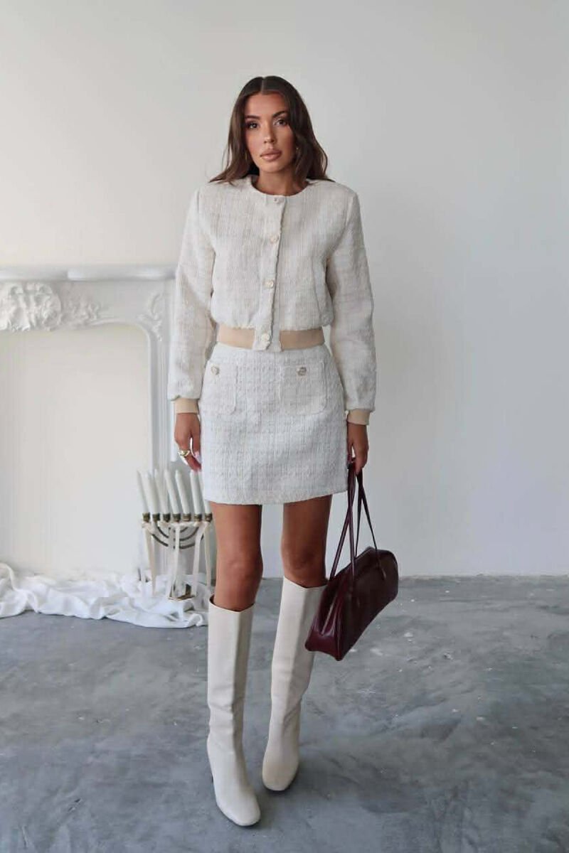 ONE COLOR KNITTED JACKET+SKIRT WOMEN SET CREAM/KREM - 1