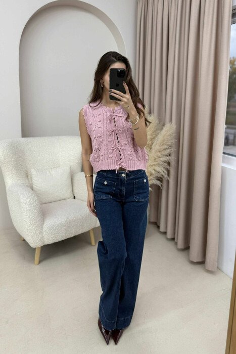 ONE COLOR KNITTED LACING WOMEN VEST POWDER/PUDER - 2
