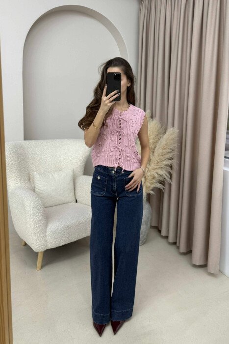 ONE COLOR KNITTED LACING WOMEN VEST POWDER/PUDER - 3