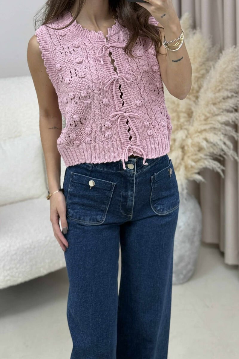 ONE COLOR KNITTED LACING WOMEN VEST POWDER/PUDER - 1