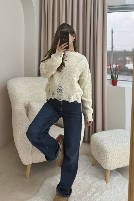 ONE COLOR KNITTED RIPPED DESIGN WOMEN SWEATER BEIGE/BEZHE - 1