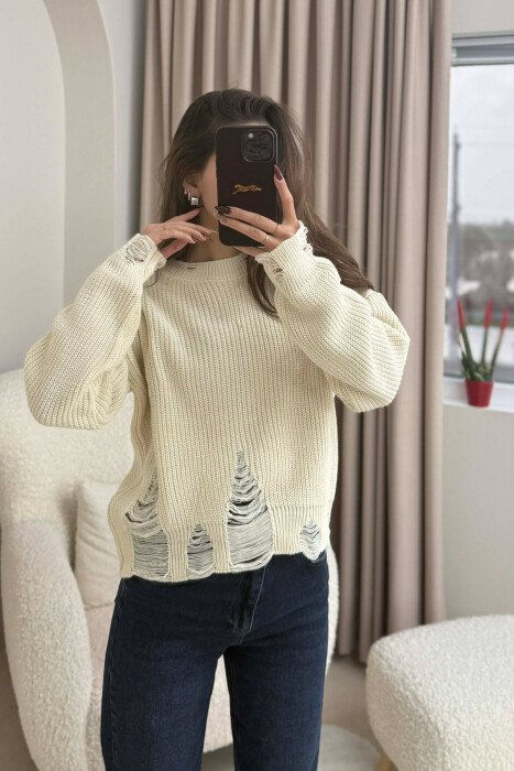ONE COLOR KNITTED RIPPED DESIGN WOMEN SWEATER BEIGE/BEZHE - 2