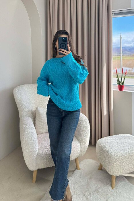 ONE COLOR KNITTED ROUND NECK WOMEN SWEATER BABY BLUE/BLU BY - 2