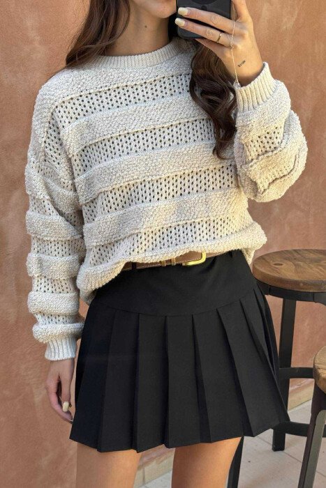 ONE COLOR KNITTED ROUND NECK WOMEN SWEATER BEIGE/BEZHE - 2