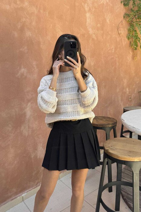ONE COLOR KNITTED ROUND NECK WOMEN SWEATER BEIGE/BEZHE - 4