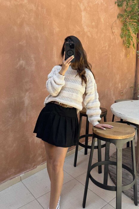 ONE COLOR KNITTED ROUND NECK WOMEN SWEATER BEIGE/BEZHE - 5