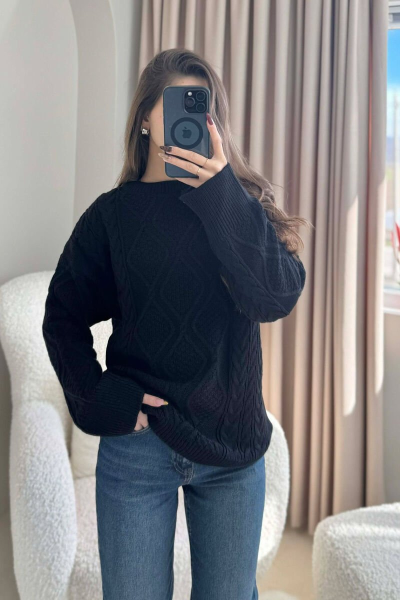 ONE COLOR KNITTED ROUND NECK WOMEN SWEATER BLACK/ E ZEZE - 3