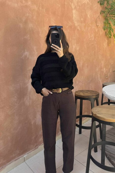 ONE COLOR KNITTED ROUND NECK WOMEN SWEATER BLACK/ E ZEZE - 1