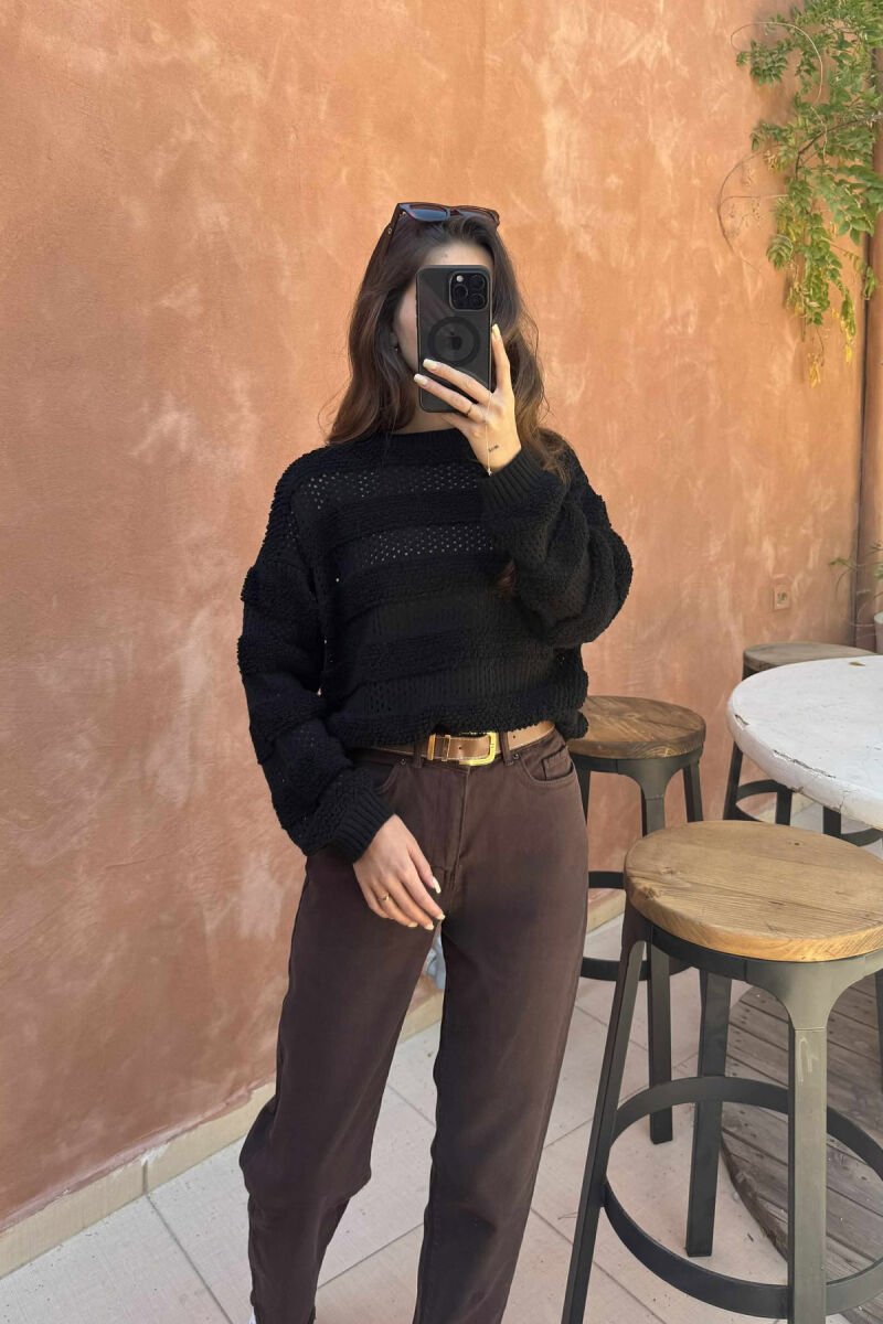 ONE COLOR KNITTED ROUND NECK WOMEN SWEATER BLACK/ E ZEZE - 2