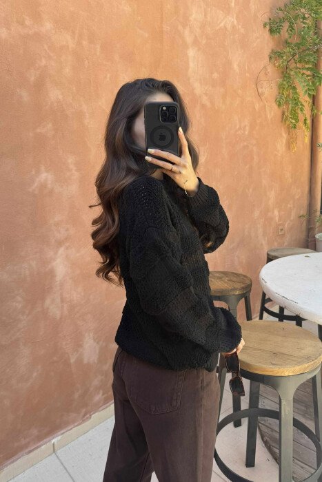 ONE COLOR KNITTED ROUND NECK WOMEN SWEATER BLACK/ E ZEZE - 3