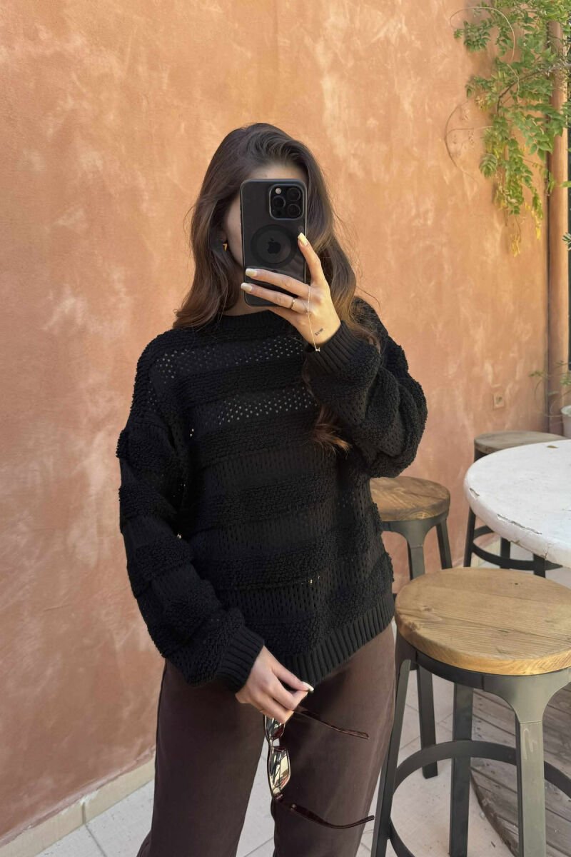 ONE COLOR KNITTED ROUND NECK WOMEN SWEATER BLACK/ E ZEZE - 4