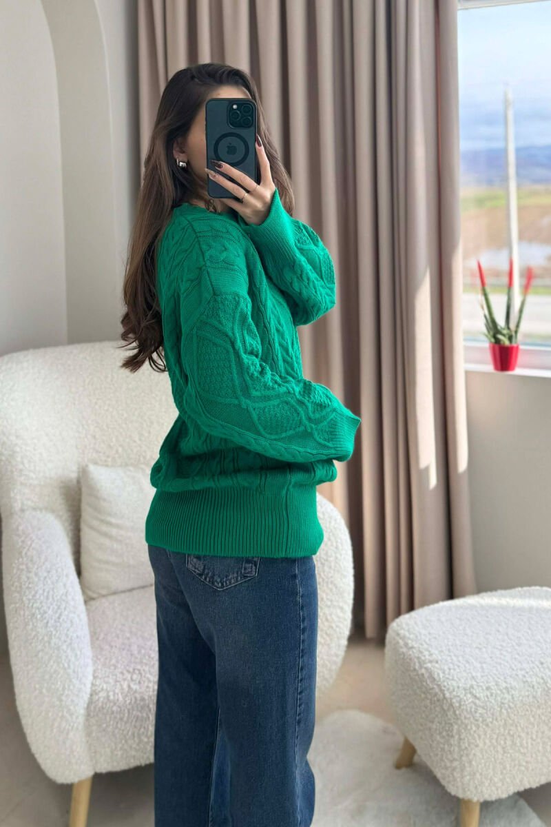 ONE COLOR KNITTED ROUND NECK WOMEN SWEATER GREEN/JESHILE - 3