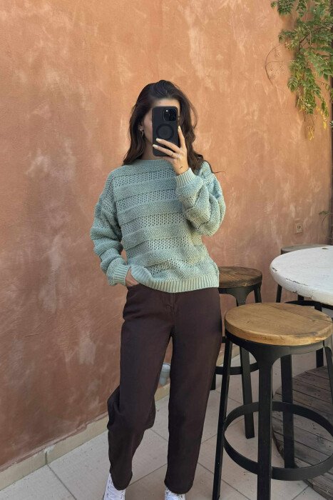 ONE COLOR KNITTED ROUND NECK WOMEN SWEATER MINT/MENTE - 1