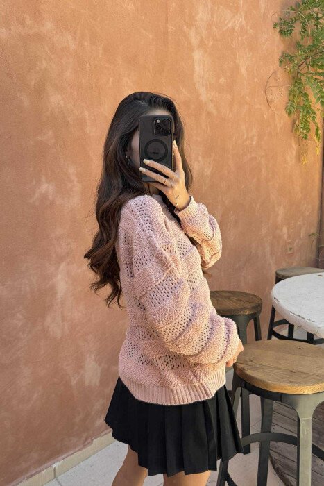 ONE COLOR KNITTED ROUND NECK WOMEN SWEATER POWDER/PUDER - 4