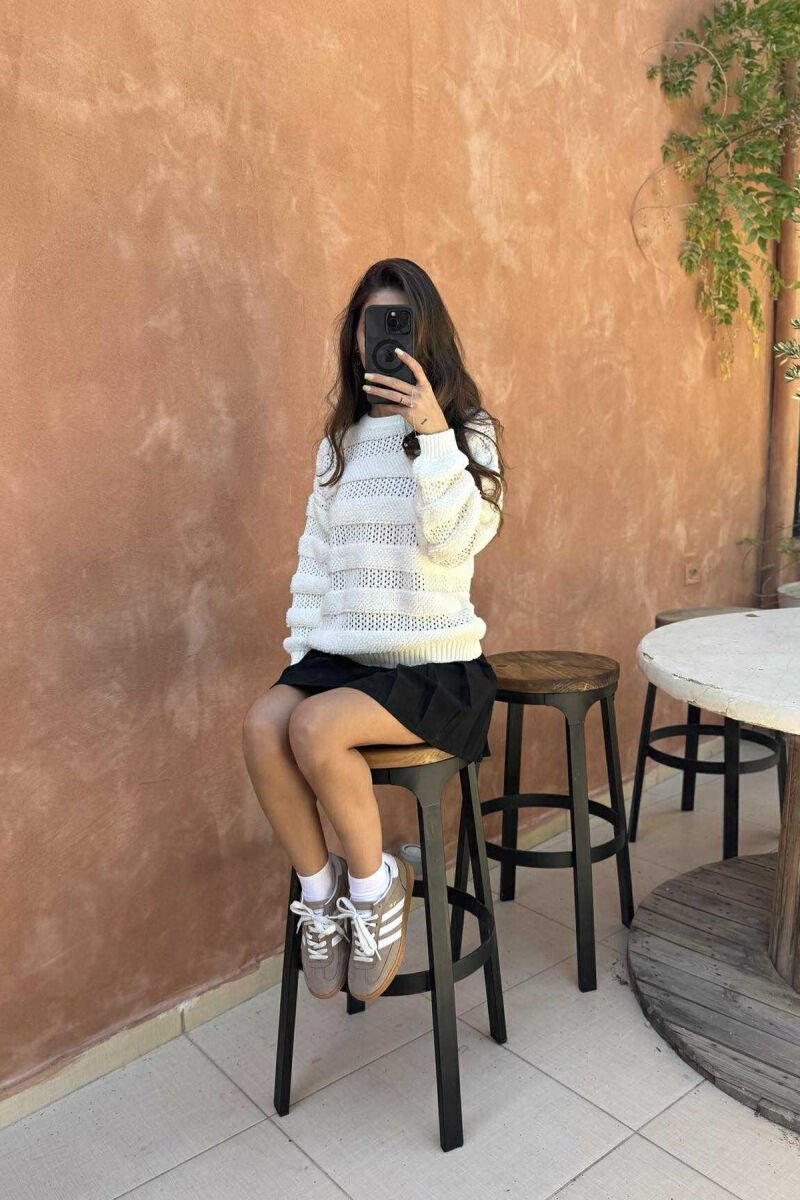 ONE COLOR KNITTED ROUND NECK WOMEN SWEATER WHITE-E BARDHE - 4