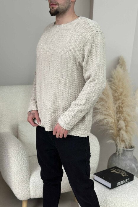 ONE COLOR KNITTED SIMPLE MEN SWEATER BEIGE/BEZHE - 3