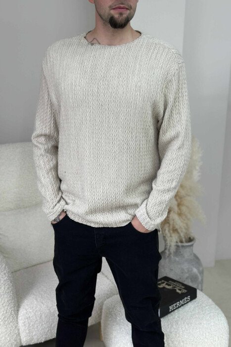 ONE COLOR KNITTED SIMPLE MEN SWEATER BEIGE/BEZHE - 4