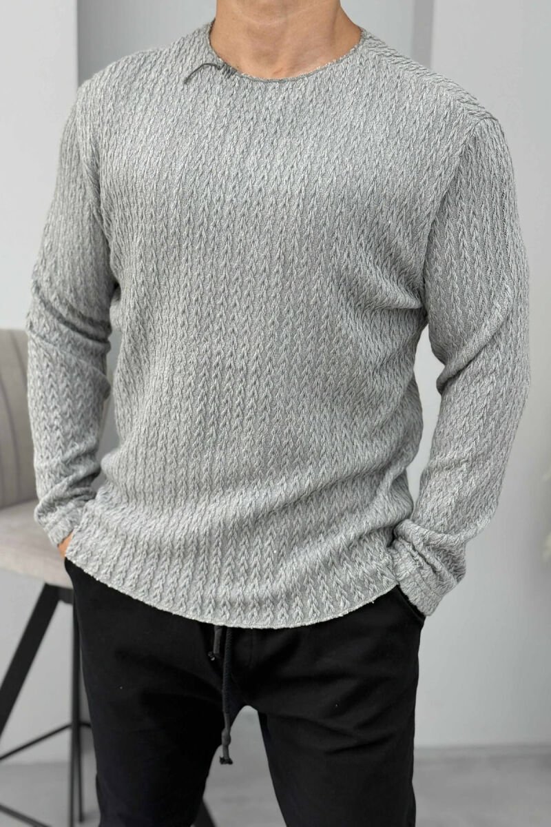 ONE COLOR KNITTED SIMPLE MEN SWEATER GREY/GRI - 4