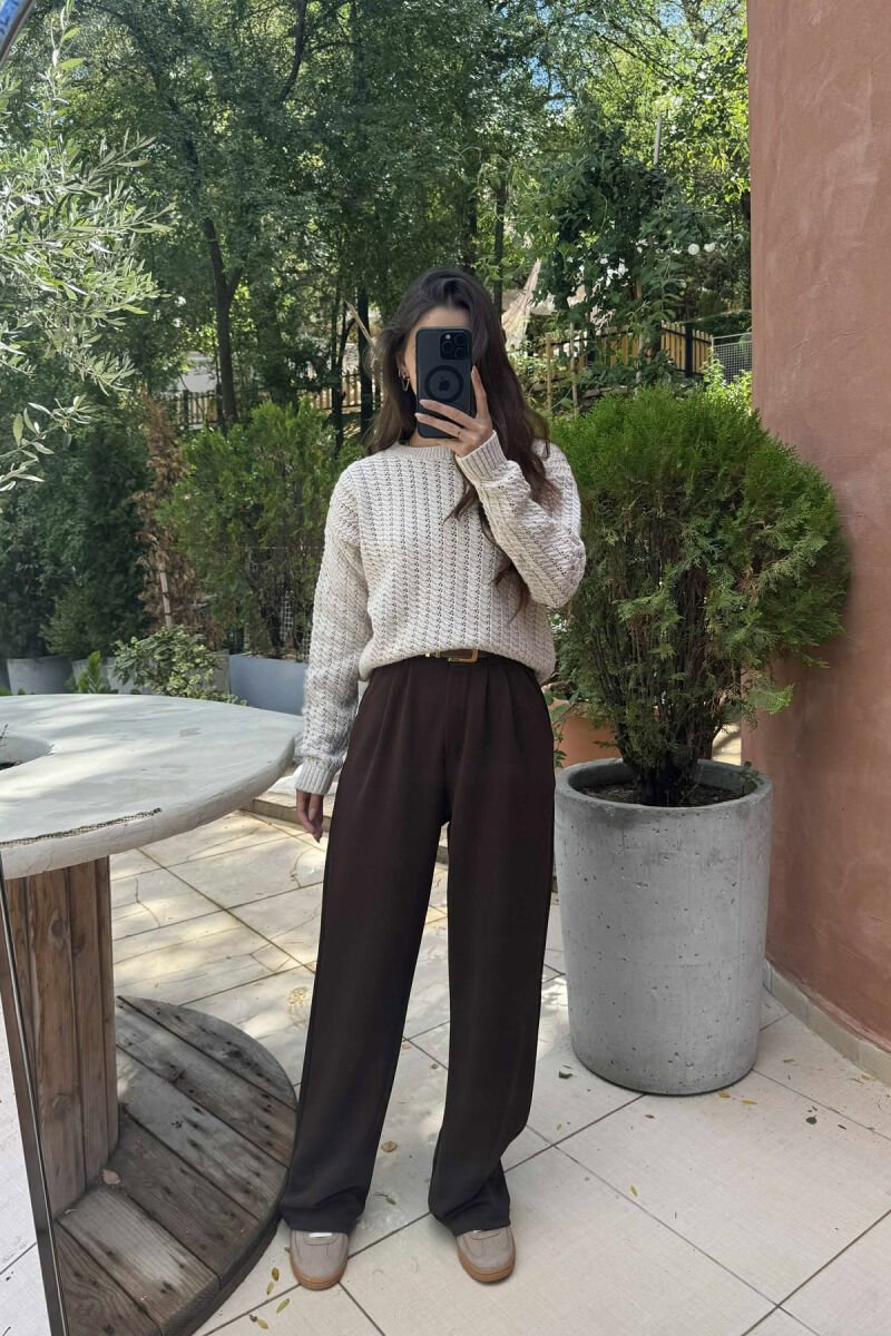 ONE COLOR KNITTED SIMPLE WOMEN SWEATER BEIGE/BEZHE - 1