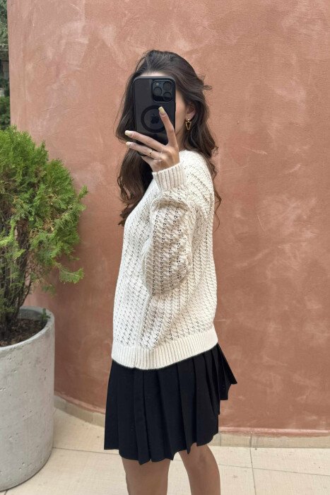 ONE COLOR KNITTED SIMPLE WOMEN SWEATER LIGHT BEIGE/BZHZB - 3