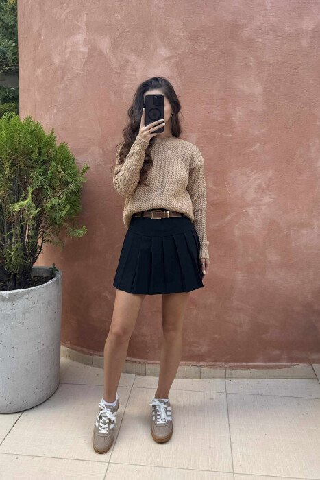 ONE COLOR KNITTED SIMPLE WOMEN SWEATER LIGHT BROWN/KAZB - 4