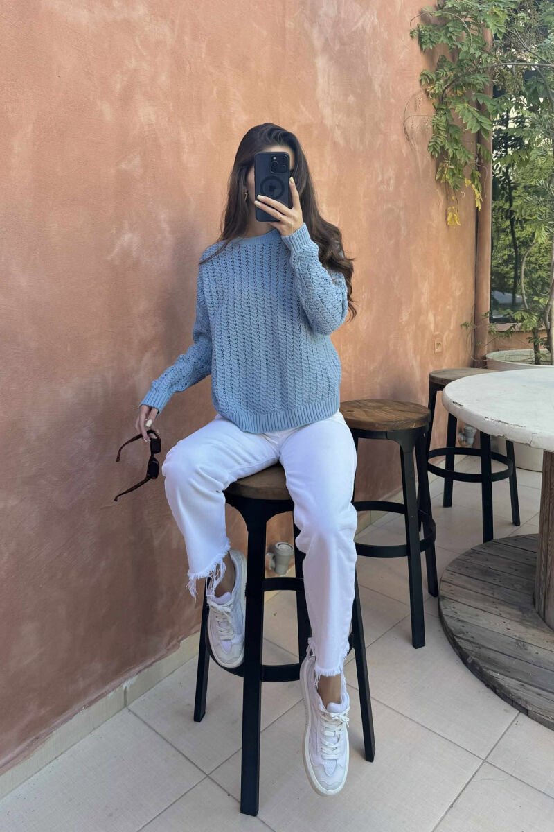 ONE COLOR KNITTED SIMPLE WOMEN SWEATER LIGHTBLUE/BZ - 4