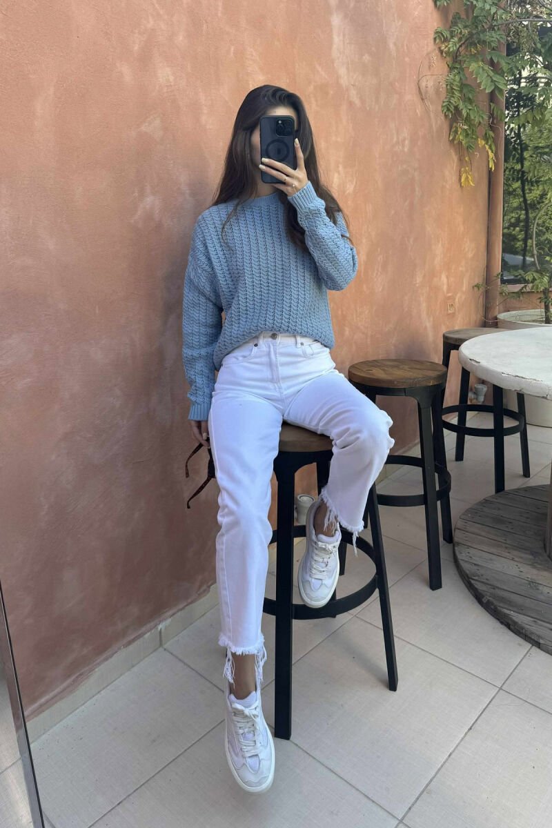 ONE COLOR KNITTED SIMPLE WOMEN SWEATER LIGHTBLUE/BZ - 5