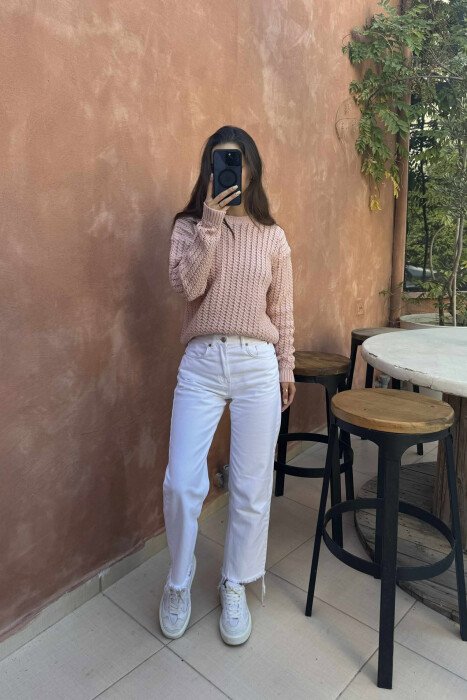 ONE COLOR KNITTED SIMPLE WOMEN SWEATER POWDER/PUDER 