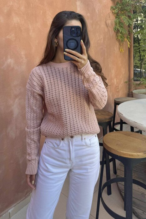 ONE COLOR KNITTED SIMPLE WOMEN SWEATER POWDER/PUDER - 2