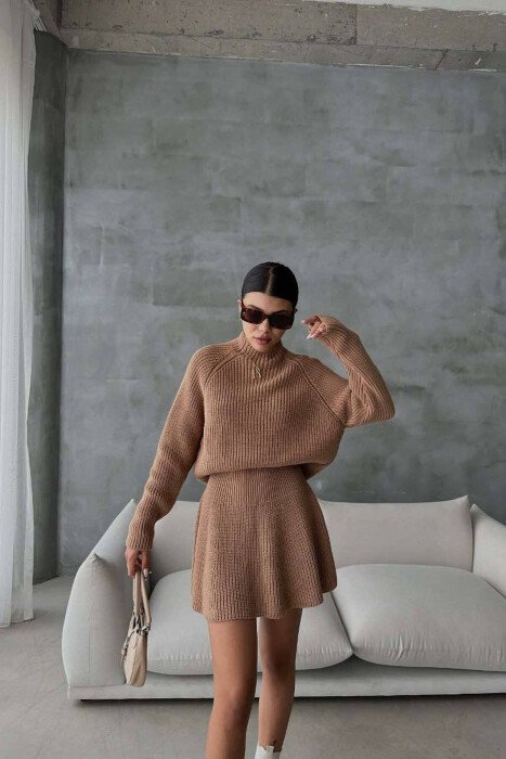 ONE COLOR KNITTED SWEATER+SKIRT WOMEN SET BROWN/KAFE - 8