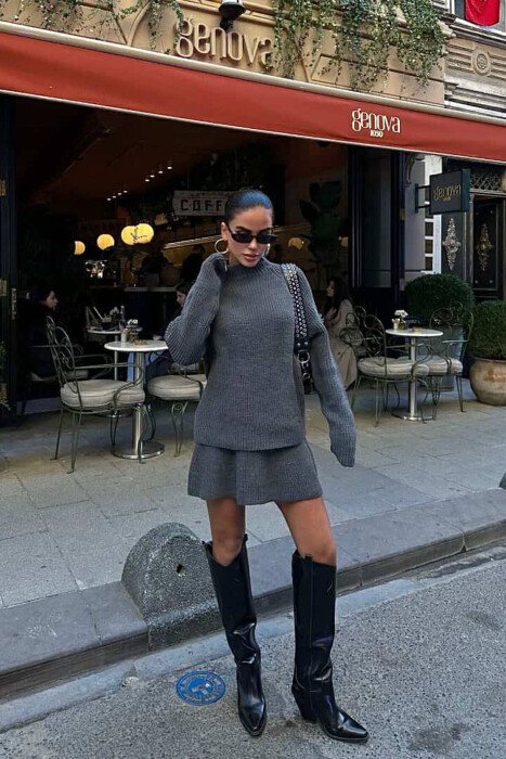 ONE COLOR KNITTED SWEATER+SKIRT WOMEN SET GREY/GRI - 2