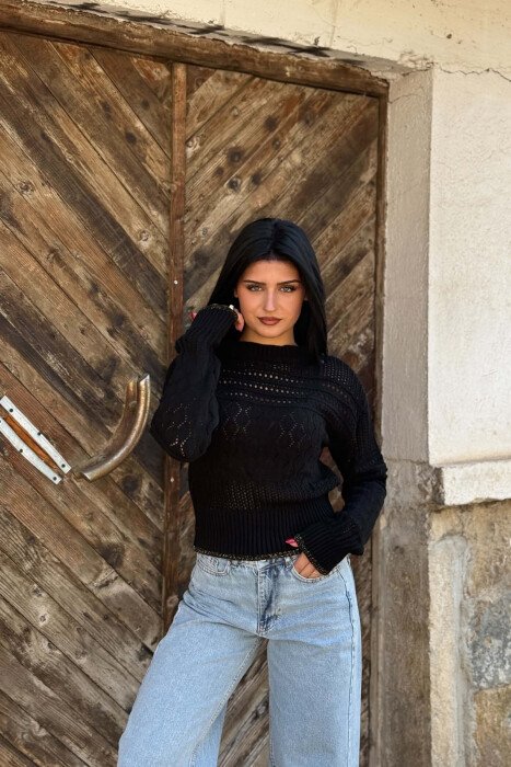 ONE COLOR KNITTED WOMAN SWEATER BLACK/ E ZEZE - 5