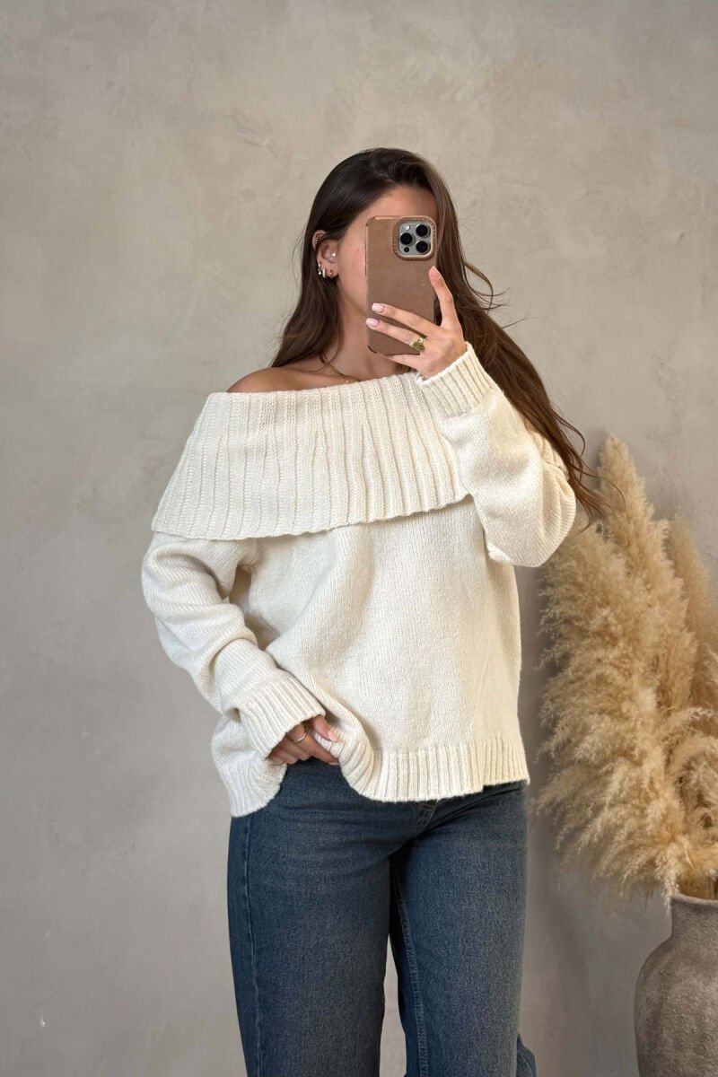 ONE COLOR KNITTED WOMAN SWEATER CREAM/KREM - 1